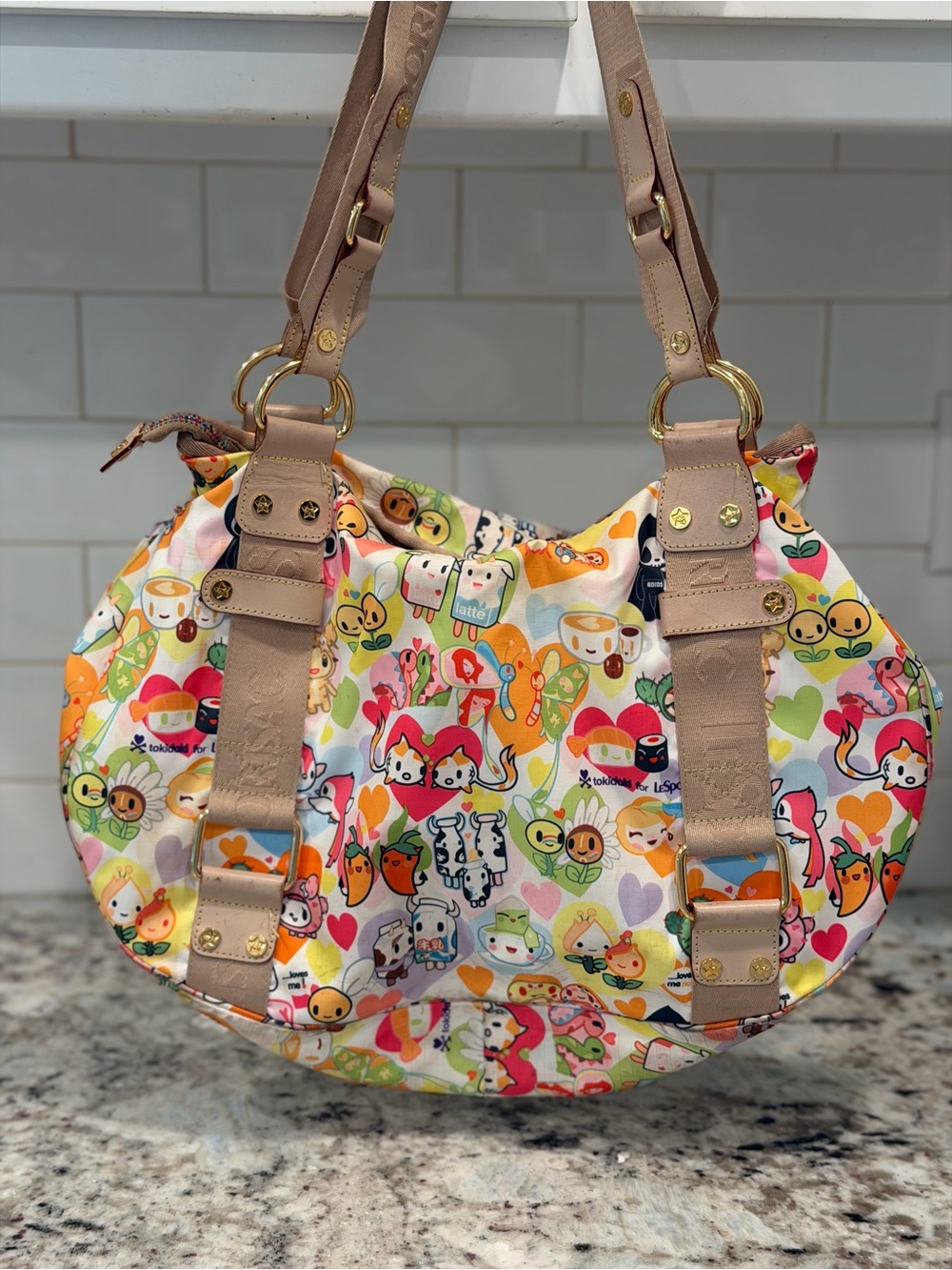 tokidoki Multicolor Character Print Hobo Bag with Beige Straps